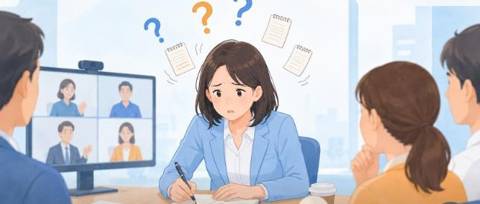 議事録作成に追われて困っている会社員のイラスト