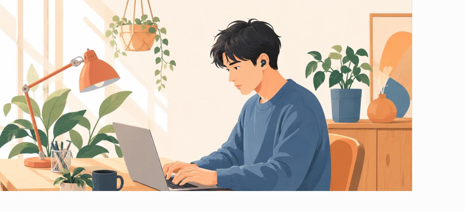 在宅ワークのデスクでノイズキャンセリングイヤホンをつけて集中する男性のイラスト