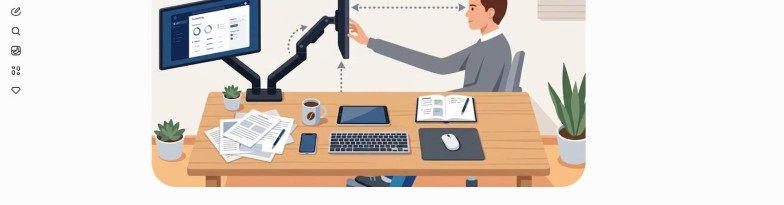 モニターアームで画面を目線の高さに調整している人のイラスト