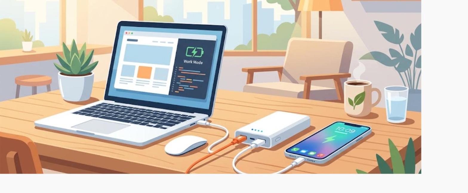 カフェで外出先のノートPCとスマホをモバイルバッテリーで同時に充電しているイラスト