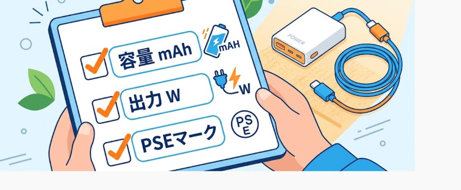 モバイルバッテリーの選び方(容量mAh・出力W・PSEマークをチェック)を表したイラスト