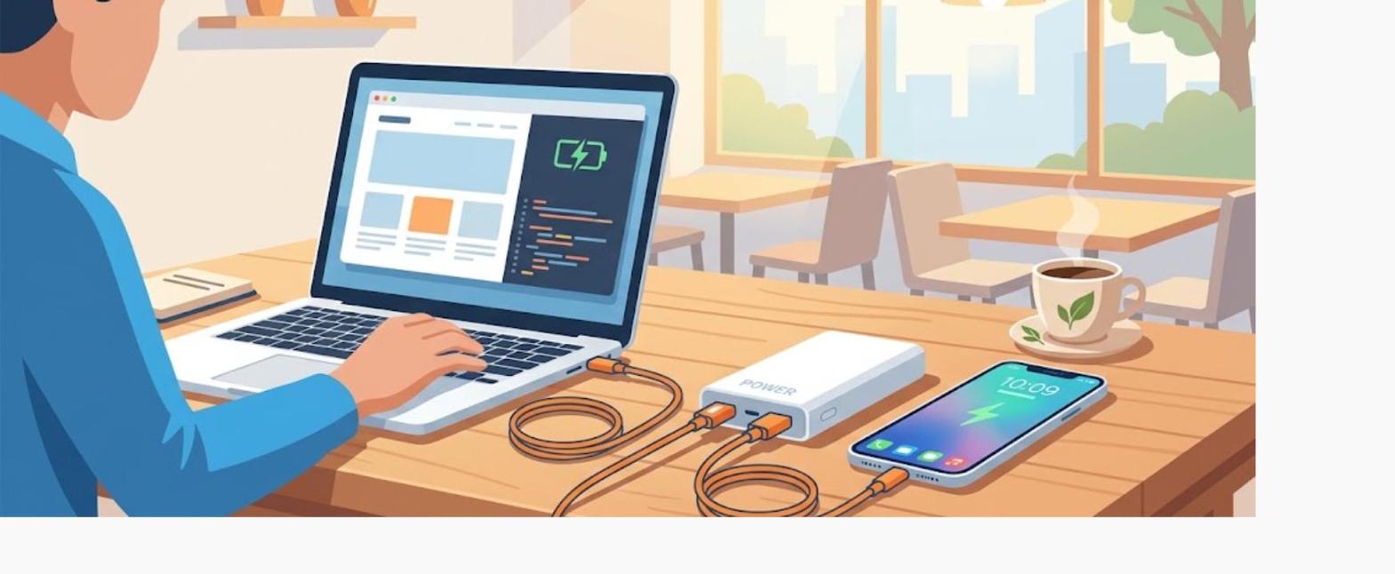 カフェでノートPCとスマートフォンを同時に充電しながら作業する様子のイラスト