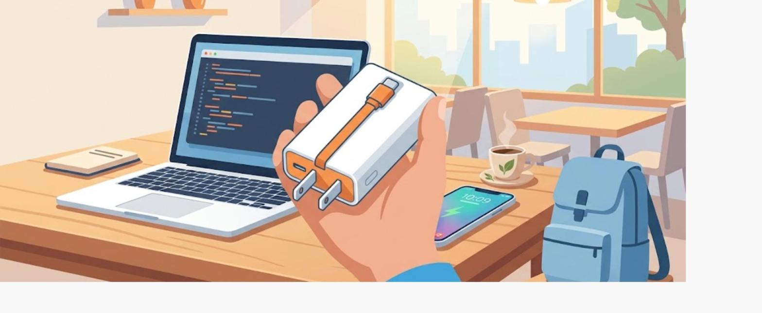 コンパクトなモバイルバッテリーをノートPCやスマホと一緒に持ち歩くイメージイラスト