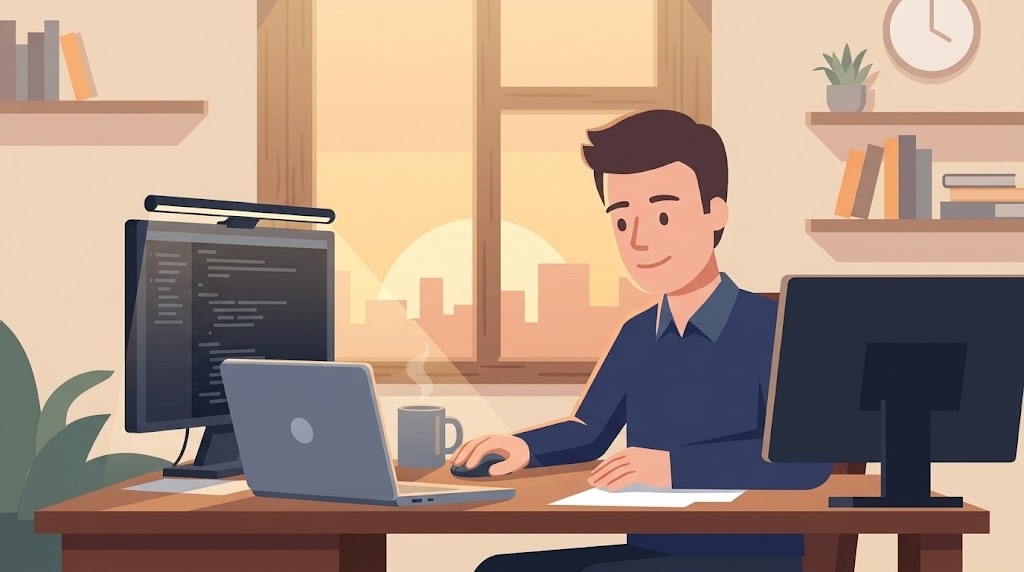モニターライトのある快適なデスクで作業している人のイラスト