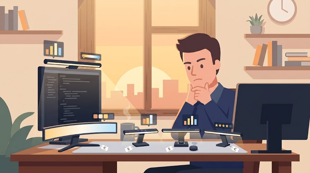 複数のモニターライトを比較検討している人のイラスト