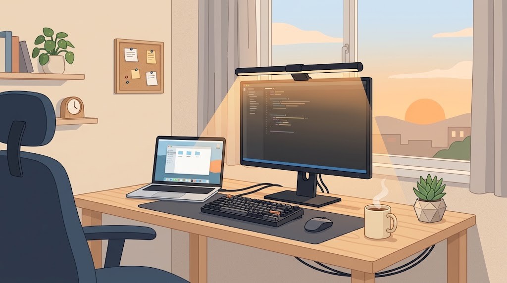 モニターライトのある快適なデスク環境のイラスト
