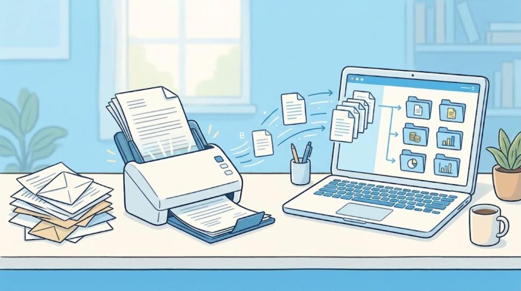 書類をスキャンしてデータで整理するデスクのイラスト