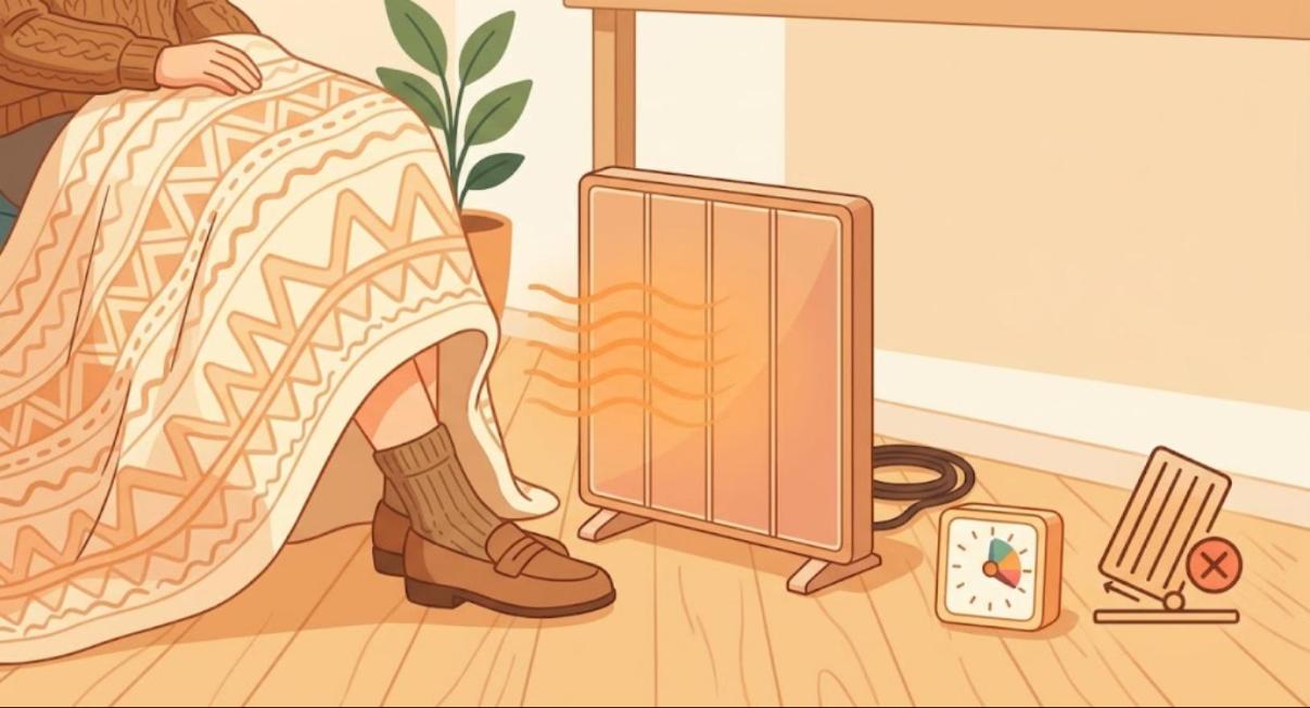 ひざ掛けと一緒に、安全に置かれたパネルヒーターとタイマー、転倒時に止まる安全機能を表したイラスト