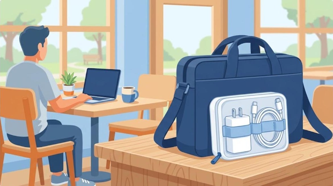 カフェで作業する人とカバンの中の充電器ポーチのイラスト