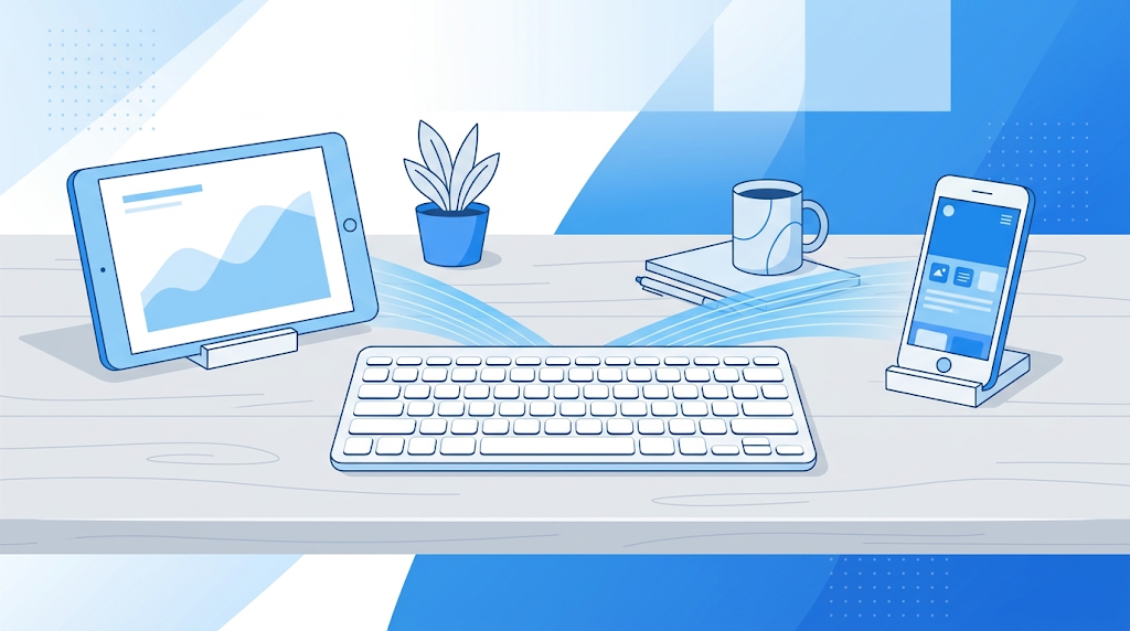 ノートPCとワイヤレスキーボードを複数デバイスで使い分けるデスクのイラスト