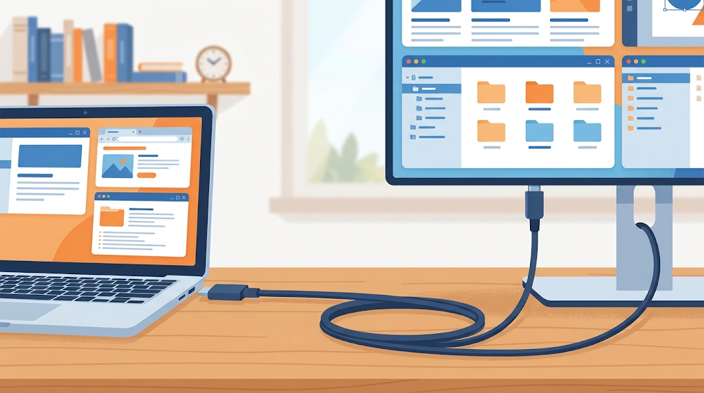 ノートPCと大きなモニターを1本のUSB-Cケーブルだけでつなぎ、机の上がすっきりしているイラスト