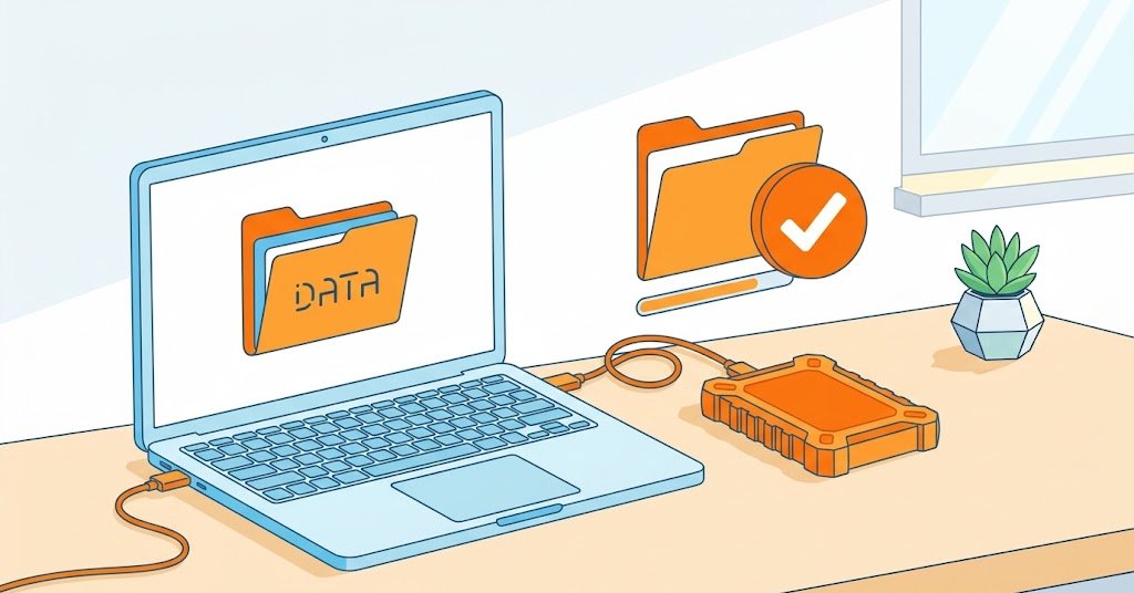 PCのフォルダが外付けSSDにバックアップされチェックマークが付くイラスト